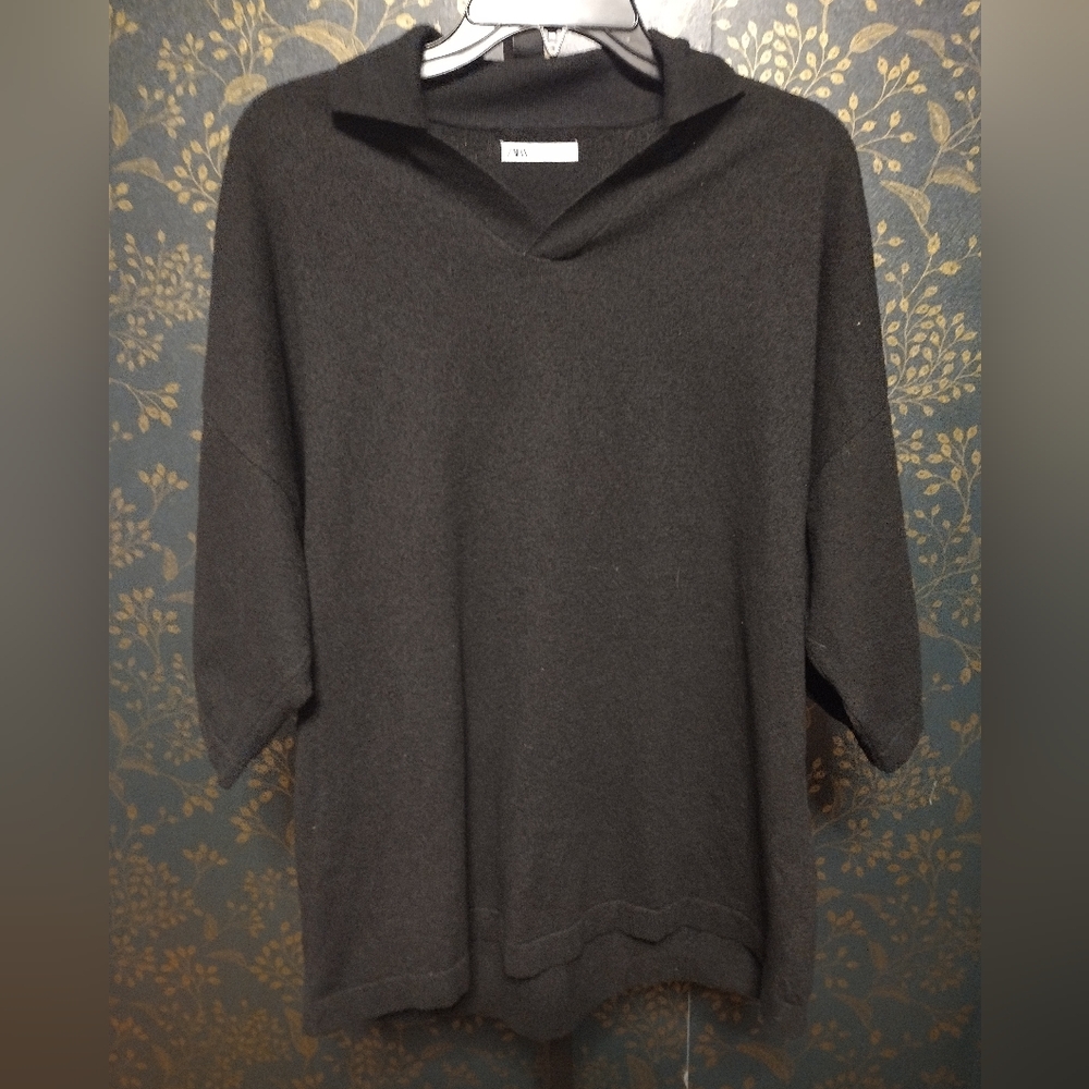 Zara Black Textured Knit Polo Shirt